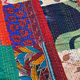 DEEPER SALE Sari Kantha - Peacocks, Shiny Prints with Rust Back, Hand Stitched Patchwork Quilt/Throw 38" x 58" #KN-19