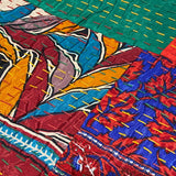 DEEPER SALE Sari Kantha - Peacocks, Shiny Prints with Rust Back, Hand Stitched Patchwork Quilt/Throw 38" x 58" #KN-19