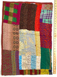 DEEPER SALE Sari Kantha - Peacocks, Shiny Prints with Rust Back, Hand Stitched Patchwork Quilt/Throw 38" x 58" #KN-19