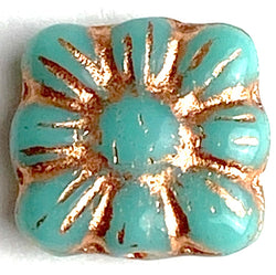 TEN Jade Green/Gold Flower Square Beads, Czech Glass 3/8" 9mm, Pack of 10  # L-245