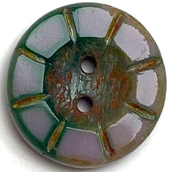 Muddy Taupe-Lavender + Green Czech Glass Sunray Flower, 2 hole button 14mm/ 9/16"  #AB-7803