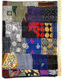 DEEPER SALE Sari Kantha; Black/Charcoal, Hand Stitched Patchwork Quilt/Throw Larger 89" x 59" #KN-23