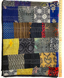 DEEPER SALE Sari Kantha; Black/Charcoal, Hand Stitched Patchwork Quilt/Throw Larger 89" x 59" #KN-23