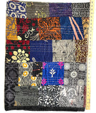 DEEPER SALE Sari Kantha; Black/Charcoal, Hand Stitched Patchwork Quilt/Throw Larger 89" x 59" #KN-23
