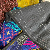 DEEPER SALE Sari Kantha; Black/Charcoal, Hand Stitched Patchwork Quilt/Throw Larger 89" x 59" #KN-23