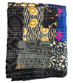 DEEPER SALE Sari Kantha; Black/Charcoal, Hand Stitched Patchwork Quilt/Throw Larger 89" x 59" #KN-23