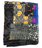 DEEPER SALE Sari Kantha; Black/Charcoal, Hand Stitched Patchwork Quilt/Throw Larger 89" x 59" #KN-23