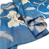 Peony Sky, Turquoise/Black Crossweave Vintage Meisen Kimono Silk Piece, 13.5" x 54" from Japan # ZP-42