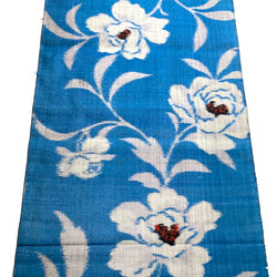 Peony Sky, Turquoise/Black Crossweave Vintage Meisen Kimono Silk Piece, 13.5" x 54" from Japan # ZP-42