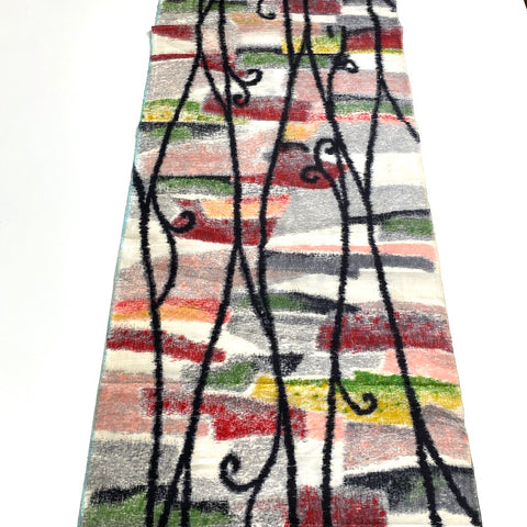 Abstract with Black Tendrils Vintage Meisen Kimono Silk Piece, 14" x 61" from Japan  #ZP-43