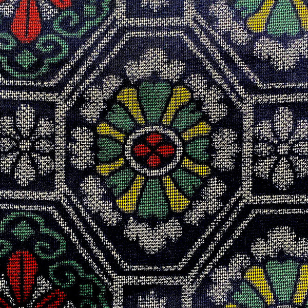 SALE, Hexagons/Flowers Black/Gray/Green/Gold/Red Ikat Vintage Kimono Silk from Japan By the Yard #317