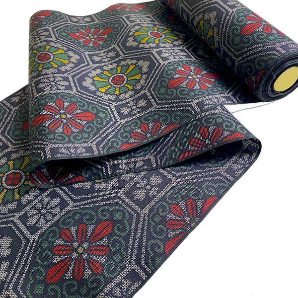 Hexagons/Flowers Black/Gray/Green/Gold/Red Ikat Vintage Kimono Silk from Japan By the Yard #317