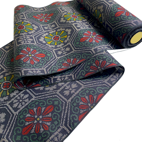 Hexagons/Flowers Black/Gray/Green/Gold/Red Ikat Vintage Kimono Silk from Japan By the Yard #317