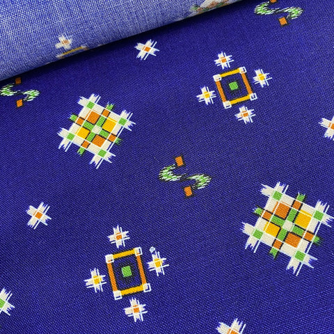 Cobalt Blue Vintage Kimono WOOL Print From Japan By the Yard Faux Ikat #436