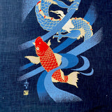 SALE, Koi and Dragon 100% Cotton Panel Navy/Indigo 19" x 44" Noren #KP13
