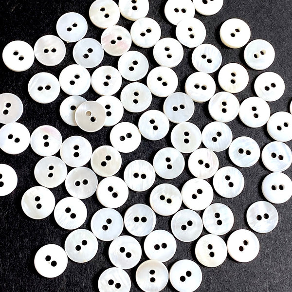 Bulk Deal, 144 Tiny White Buttons: 3/8" Shell 2-Hole 9mm, Butterscotch Backs   # KB-957