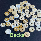 Bulk Deal, 144 Tiny White Buttons: 3/8" Shell 2-Hole 9mm, Butterscotch Backs   # KB-957