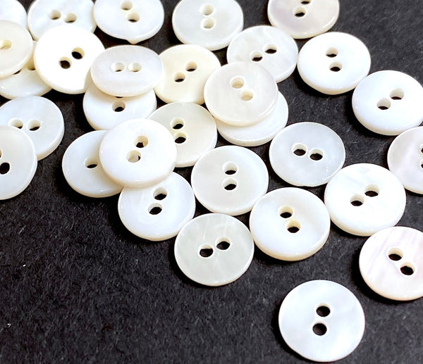 Bulk Deal, 120 Tiny White Buttons: 3/8" Shell 2-Hole 9mm, Butterscotch Backs   # KB-957-120
