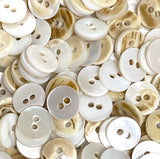 Bulk Deal, 120 Tiny White Buttons: 3/8" Shell 2-Hole 9mm, Butterscotch Backs   # KB-957-120