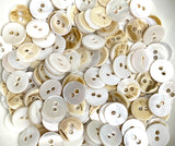 Bulk Deal, 144 Tiny White Buttons: 3/8" Shell 2-Hole 9mm, Butterscotch Backs   # KB-957