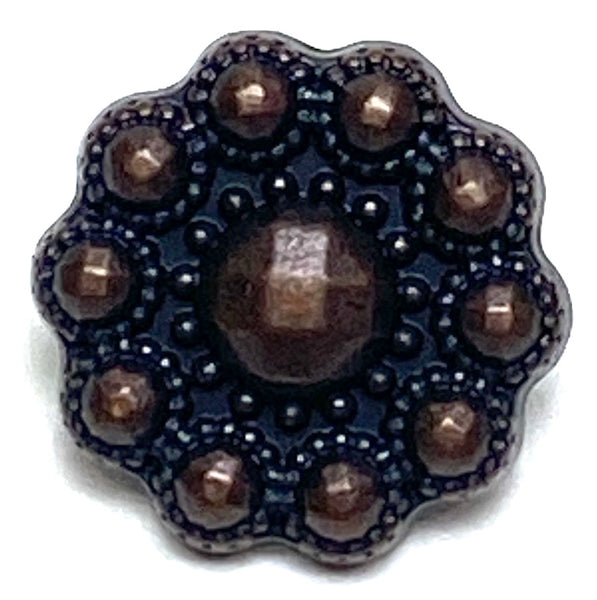 Running Low, Small Dark Brown/Black 'Copper' 1/2" Bead-Look Flower Metal Button Shank Back  #SWC-65