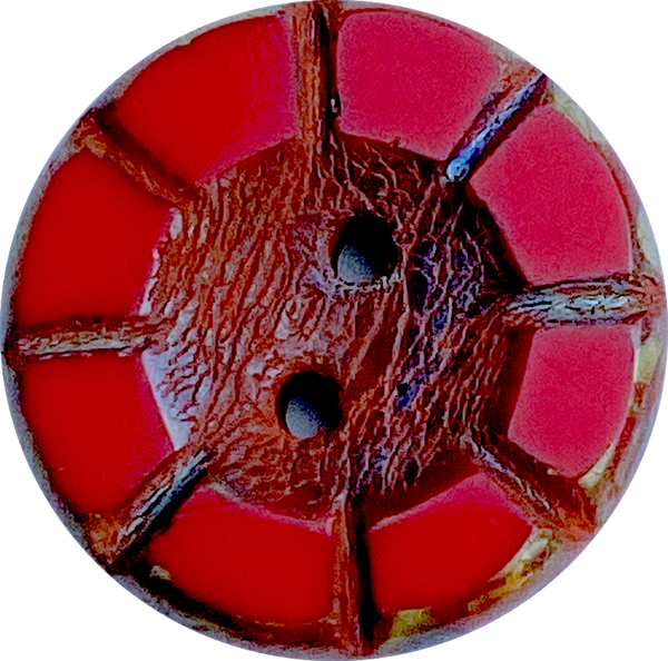 Last Ones, Red Scarlet Czech Glass Flower Button, 2 hole 14mm/ 9/16"  #AB-7804
