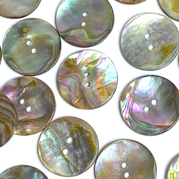 Re-Stocked, Classic Rainbow-Kissed Abalone Neutrals, Fairly Smooth, 1" Two-Hole Button 25mm  Pack of FIVE  #KB-924
