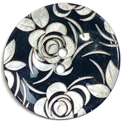 Black Shell, White Roses Laser-Etched, Largest Size 1-1/8" / 28mm 2-Hole  Per Button #SK-1172
