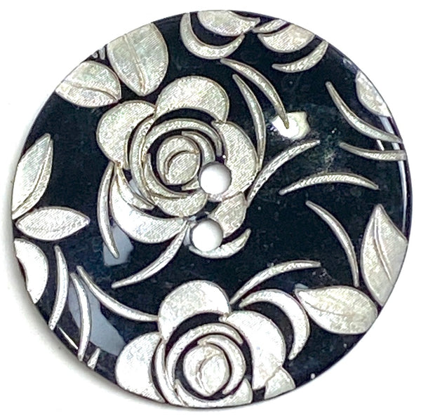 Black Shell, White Roses Laser-Etched, Largest Size 1-1/8" / 28mm 2-Hole  Per Button #SK-1172