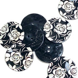 Black Shell, White Roses Laser-Etched, Largest Size 1-1/8" / 28mm 2-Hole  Per Button #SK-1172