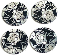 Black Shell, White Roses Laser-Etched Button, 15mm 2-Hole  5/8" Pack of FOUR  #SK-1174