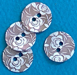 Muted Amethyst / White Roses Laser-Etched Button, 15mm 2-Hole  5/8" Pack of FOUR  #SK-1179