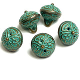Re-Stocked, Green Patina/Brass, Bali Style Hollow Roundish Metal Charm/Button, 1/2",  Shank Back,  #L-833