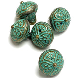 Re-Stocked, Green Patina/Brass, Bali Style Hollow Roundish Metal Charm/Button, 1/2",  Shank Back,  #L-833