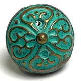 Re-Stocked, Green Patina/Brass, Bali Style Hollow Roundish Metal Charm/Button, 1/2",  Shank Back,  #L-833