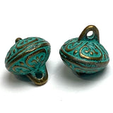 Re-Stocked, Green Patina/Brass, Bali Style Hollow Roundish Metal Charm/Button, 1/2",  Shank Back,  #L-833