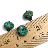 Re-Stocked, Green Patina/Brass, Bali Style Hollow Roundish Metal Charm/Button, 1/2",  Shank Back,  #L-833