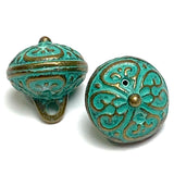 Re-Stocked, Green Patina/Brass, Bali Style Hollow Roundish Metal Charm/Button, 1/2",  Shank Back,  #L-833