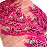 Bright Fuchsia/Dusty Rose Peacock Feathers, Quite Old Meisen Kimono Silk Piece 14" x 35"  from Japan # ZP-07