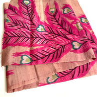 Bright Fuchsia/Dusty Rose Peacock Feathers, Quite Old Meisen Kimono Silk Piece 14" x 35"  from Japan # ZP-07