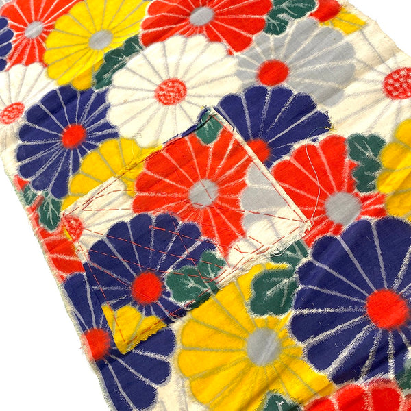 Bright Chrysanthemums, 2 Pieces Vintage Meisen Kimono Silk from Japan, One Piece Patched,  #ZP-49