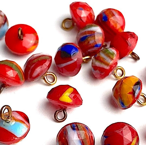 Deeper SALE Red/Multi Fused Glass 1/4" Vintage Swirls and Stripes Buttons, # GL-328
