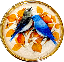 Blue Birds 1-1/2" Artisan Crystal Button, Gold Bezel, by Susan Clarke