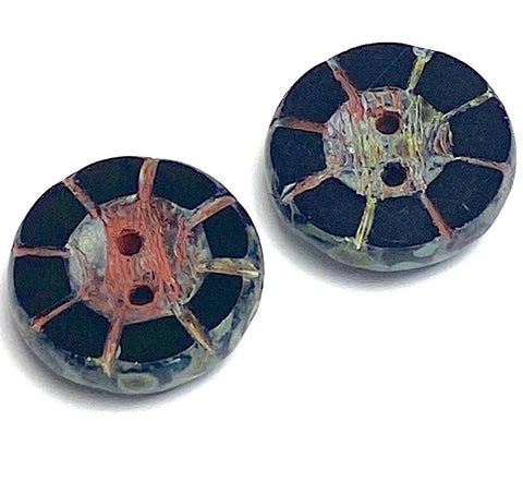 Black Rustic Czech Glass Sunray Flower, 2 hole button 14mm / 9/16"  TWO BUTTONS #L-978
