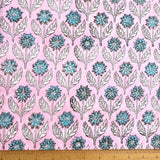 Running Low, Pink / Blue Floral Cotton Voile Hand Block Print from India by the Yard #5056