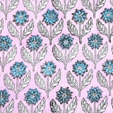 Running Low, Pink / Blue Floral Cotton Voile Hand Block Print from India by the Yard #5056