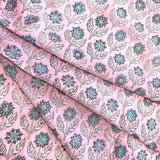 Running Low, Pink / Blue Floral Cotton Voile Hand Block Print from India by the Yard #5056