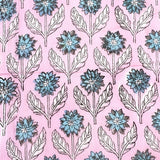 Running Low, Pink / Blue Floral Cotton Voile Hand Block Print from India by the Yard #5056
