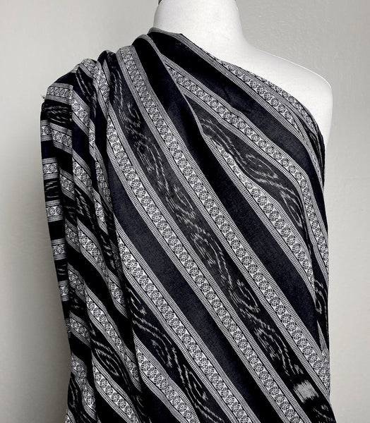 Black/White Fancy Stripe Jacquard- Ikat, Mid-Lightweight Cotton  from India, By the Yard  #TK-21