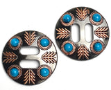 SALE, Four Feathers Four Stones Brown Slotted Concho with 'Turquoise' 1.5"  #SWH-147